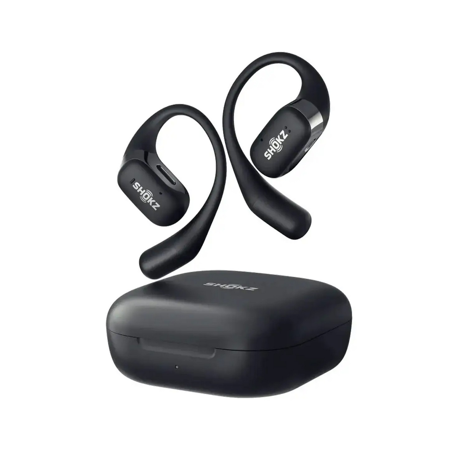 Zwarte draadloze Shokz oordopjes en oplaadcase.