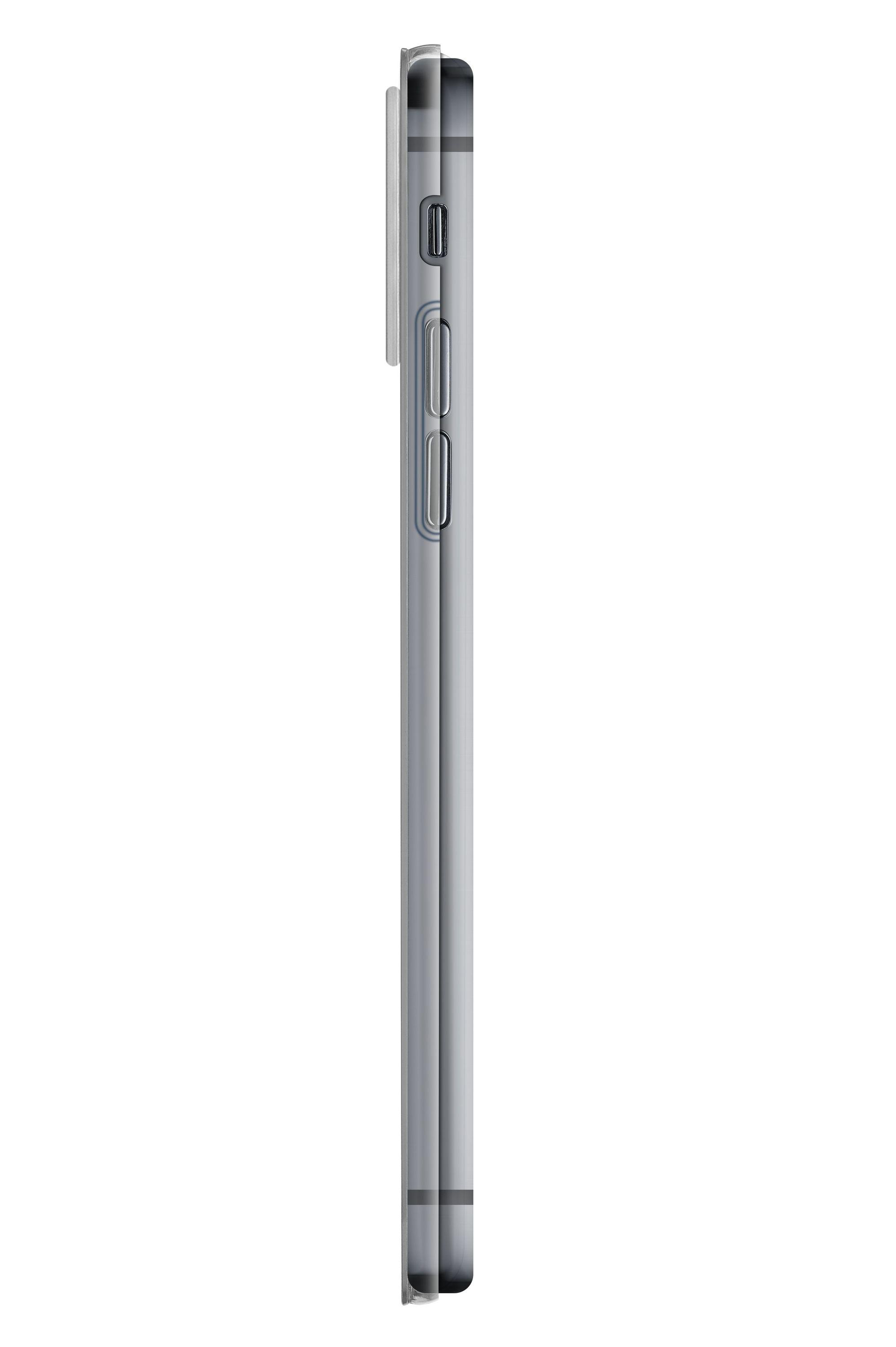 Silbernes Smartphone-Seitenansicht, mit Knöpfen an der Seite, weißer Hintergrund.