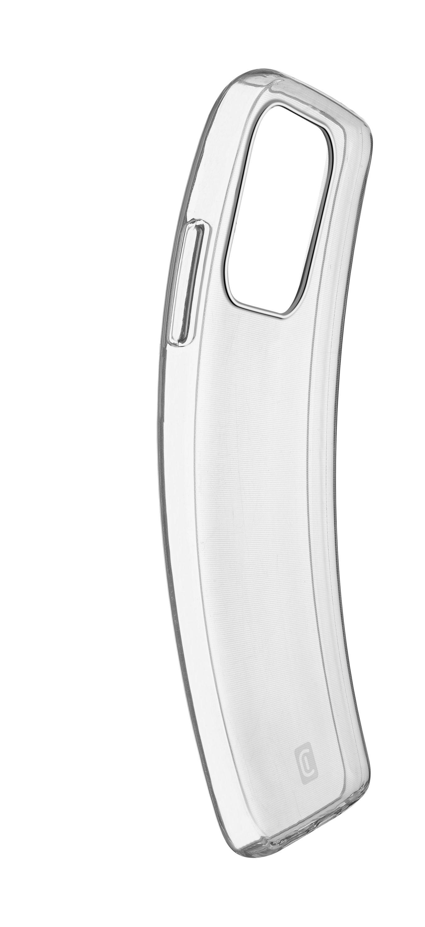 Transparente Handyhülle, gebogenes Design, Kameraausschnitt. Weißer Hintergrund.