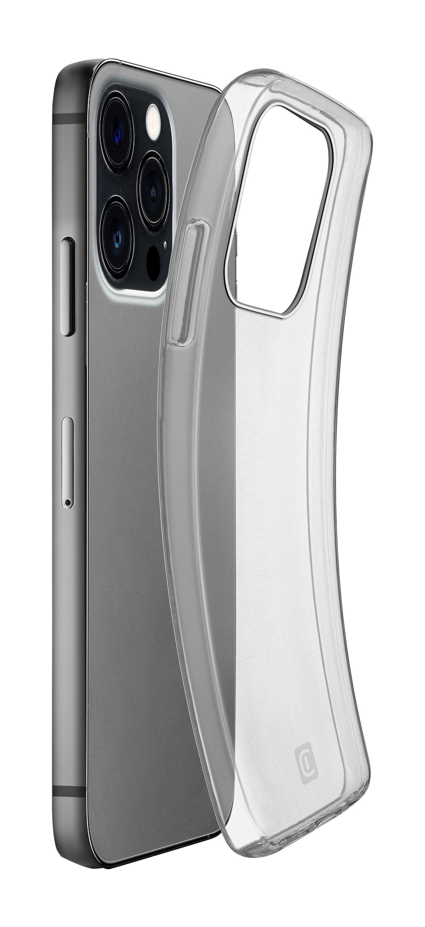 Eine transparente Handyhülle neben einem silbernen Telefon, leicht außermittig.