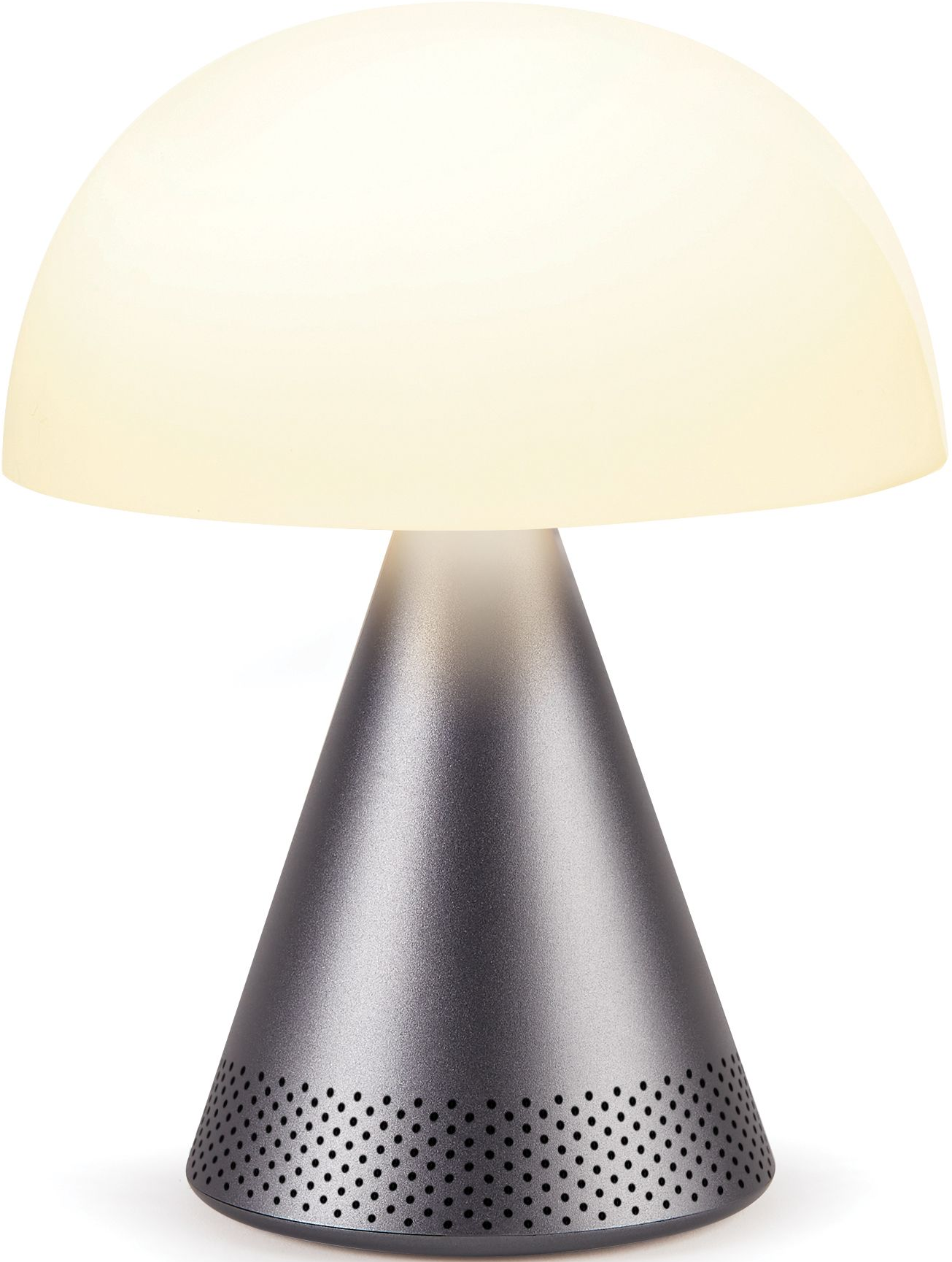 Lampe en forme de champignon avec une base argentée et un dessus blanc brillant.