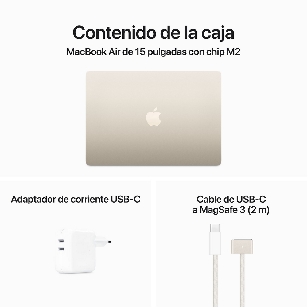 Laptop Apple, adaptador de corriente y cable USB-C a MagSafe sobre una superficie blanca.