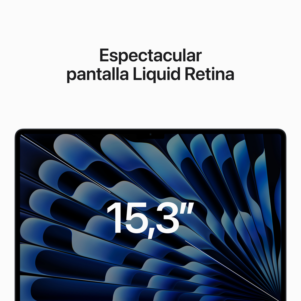 Pantalla de portátil con patrón abstracto azul, texto 15,3". Marco y fondo negros.