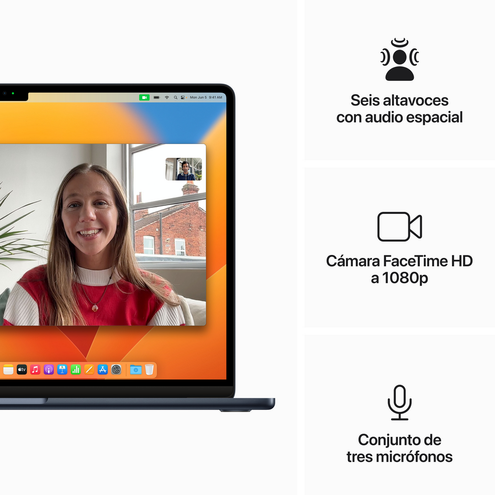 Ordenador portátil mostrando videollamada, con altavoces, cámara y micrófono.