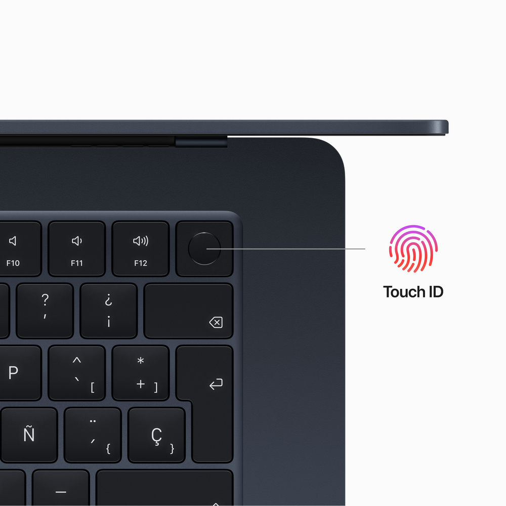 Primer plano de un teclado de portátil, mostrando el botón Touch ID.
