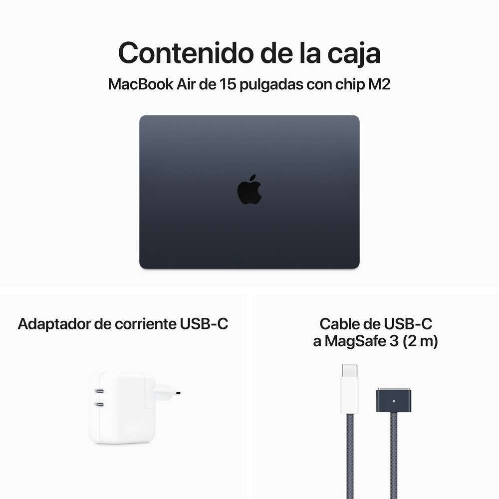 Un MacBook Air con cargador y cable USB-C, todo sobre un fondo blanco.