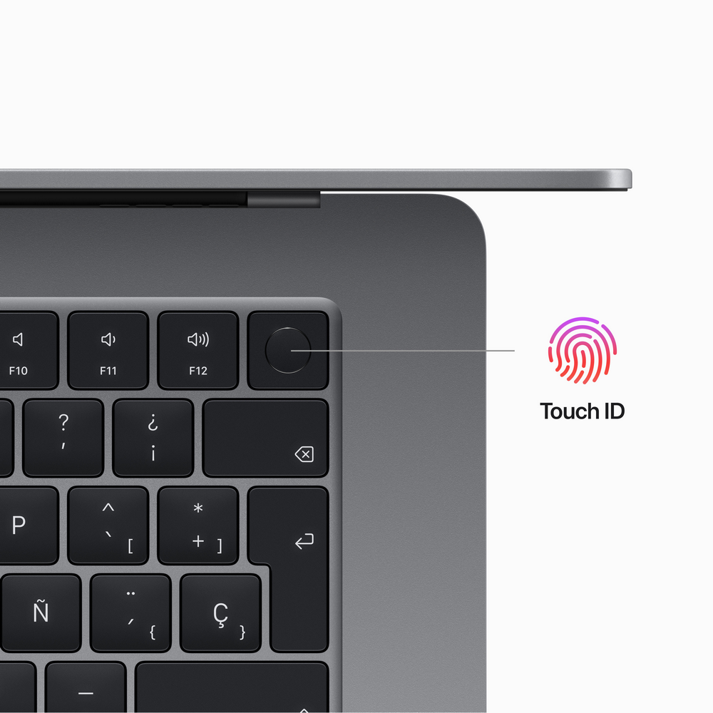 Primer plano del teclado de un portátil con Touch ID. Las teclas son negras sobre una superficie clara.
