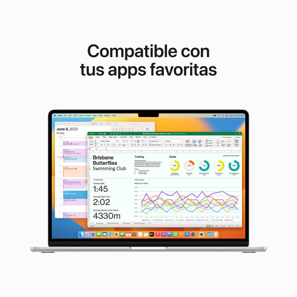 Pantalla de portátil mostrando hoja de cálculo con calendario y gráficos. Texto: Compatible con tus apps favoritas.