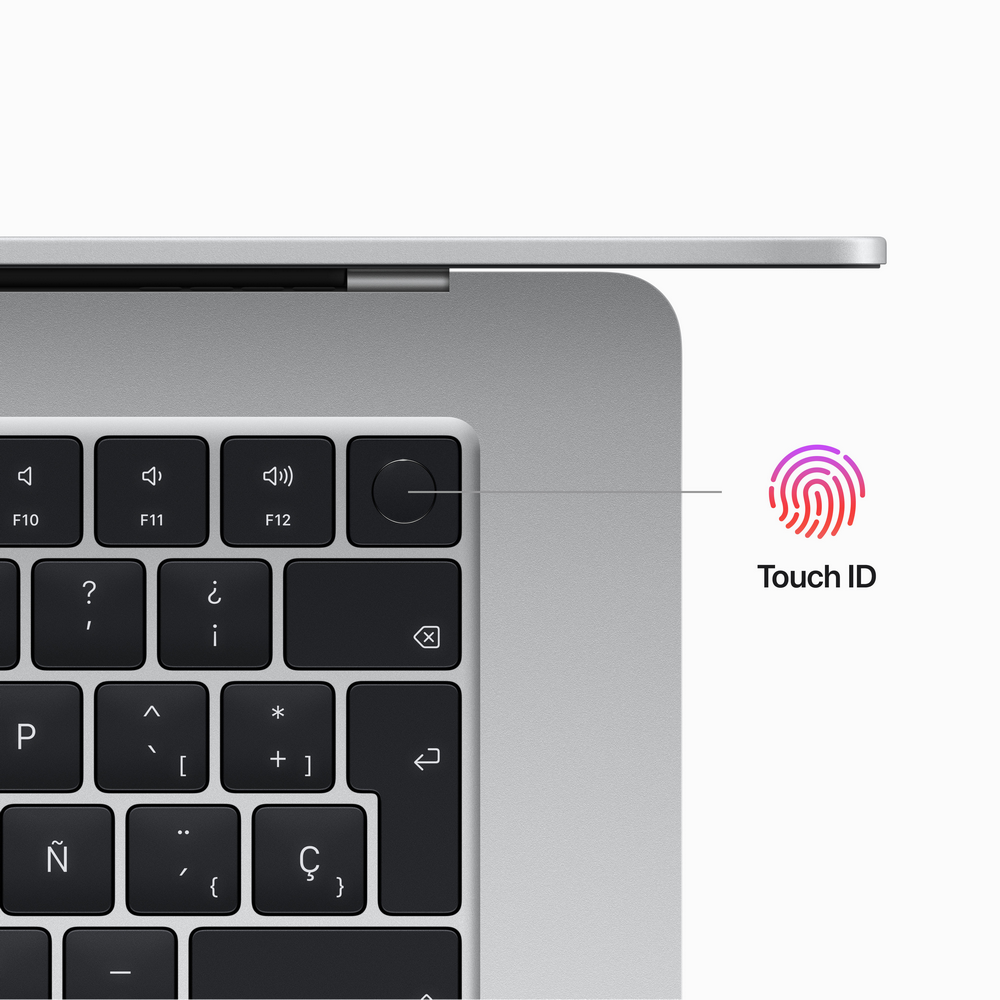 Primer plano del teclado de un portátil con botón Touch ID e icono de huella dactilar.