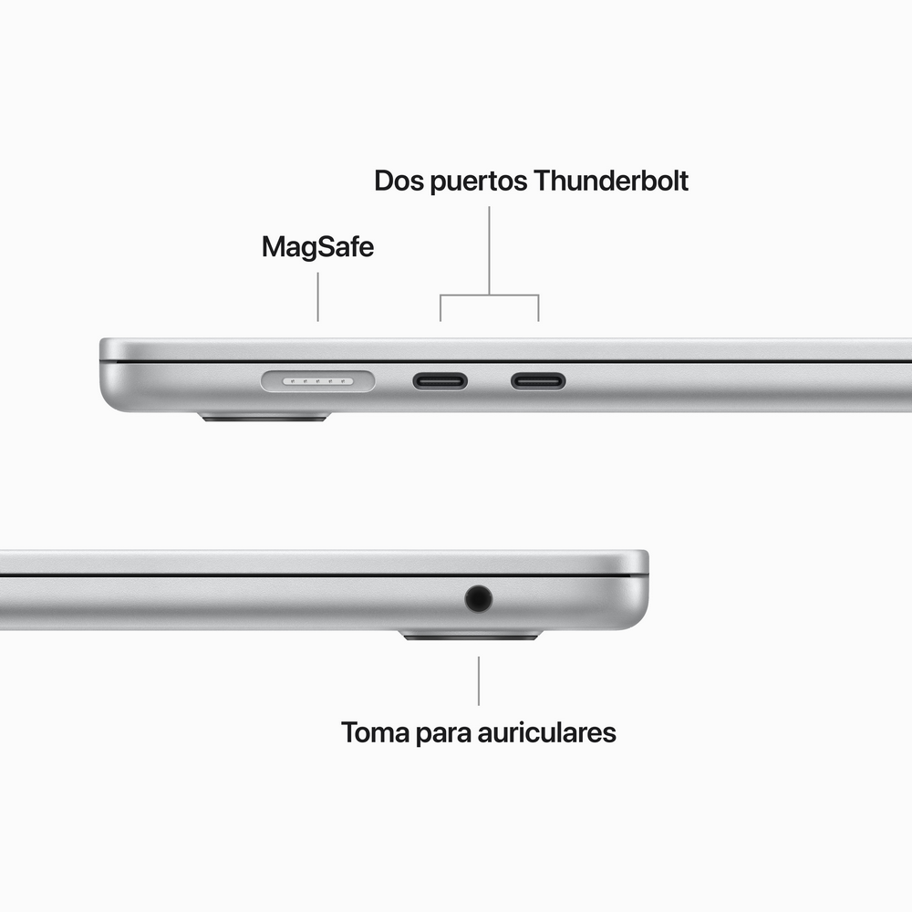 Vista lateral de portátil plateado, mostrando puertos Thunderbolt, MagSafe y conector para auriculares. Fondo blanco.