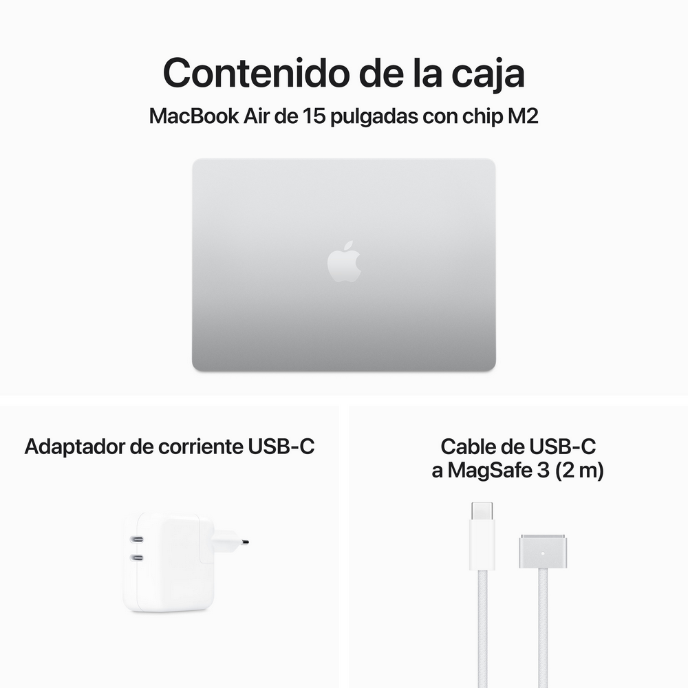 Tres artículos: MacBook Air, un adaptador de corriente USB-C y un cable USB-C a MagSafe 3.