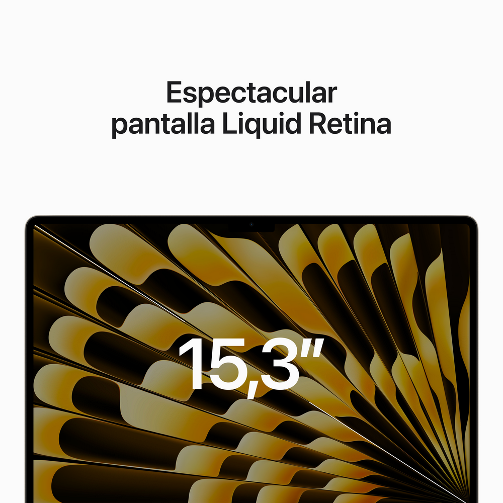 La pantalla del portátil muestra "Espectacular pantalla Liquid Retina" y "15,3" sobre un fondo dorado.