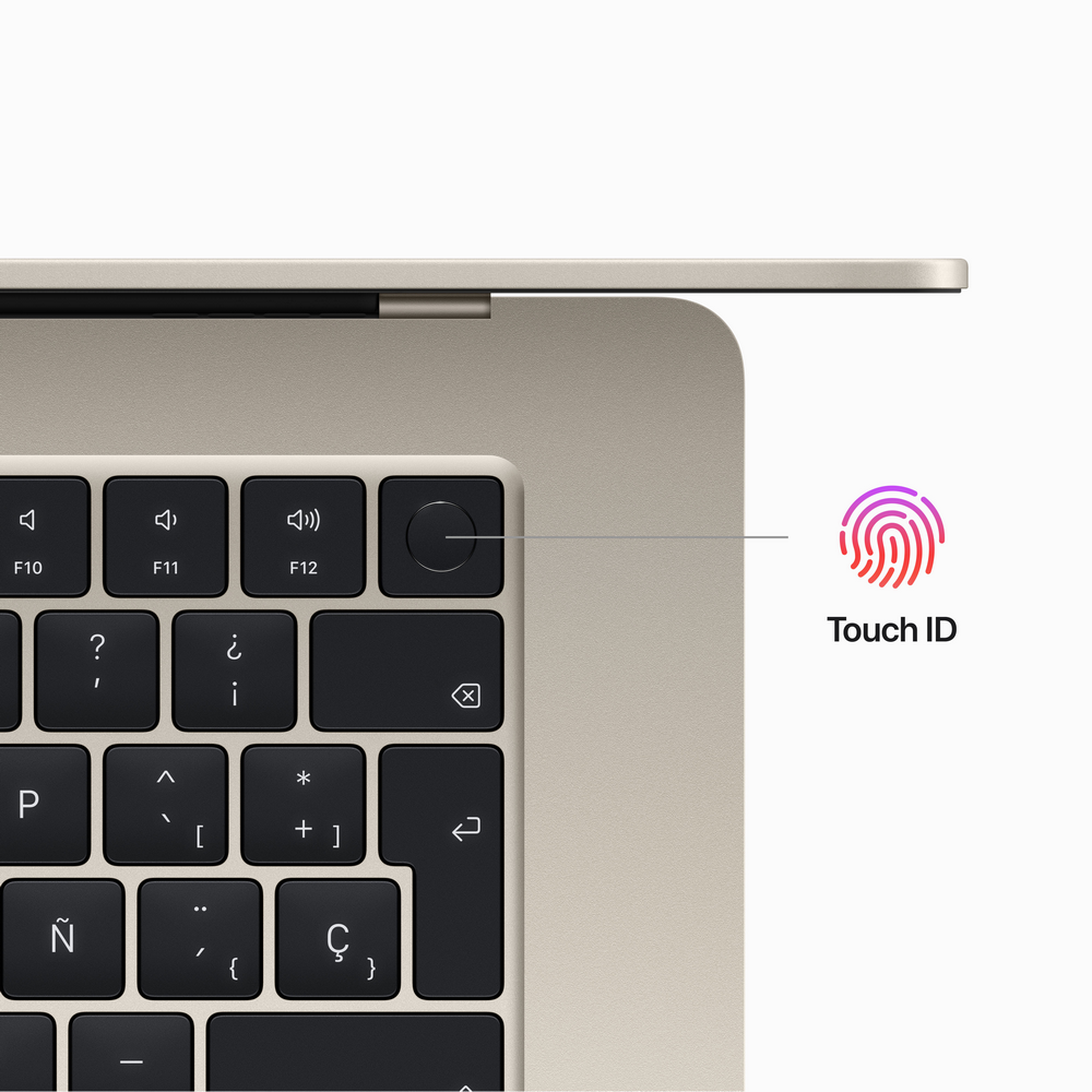 Primer plano de un teclado de portátil con Touch ID. Color beige. Fondo blanco.