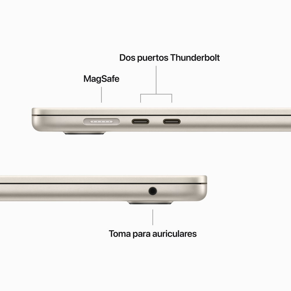 Vista lateral del portátil con MagSafe, puertos Thunderbolt y conector de auriculares. Etiquetas: MagSafe, puertos y conector.