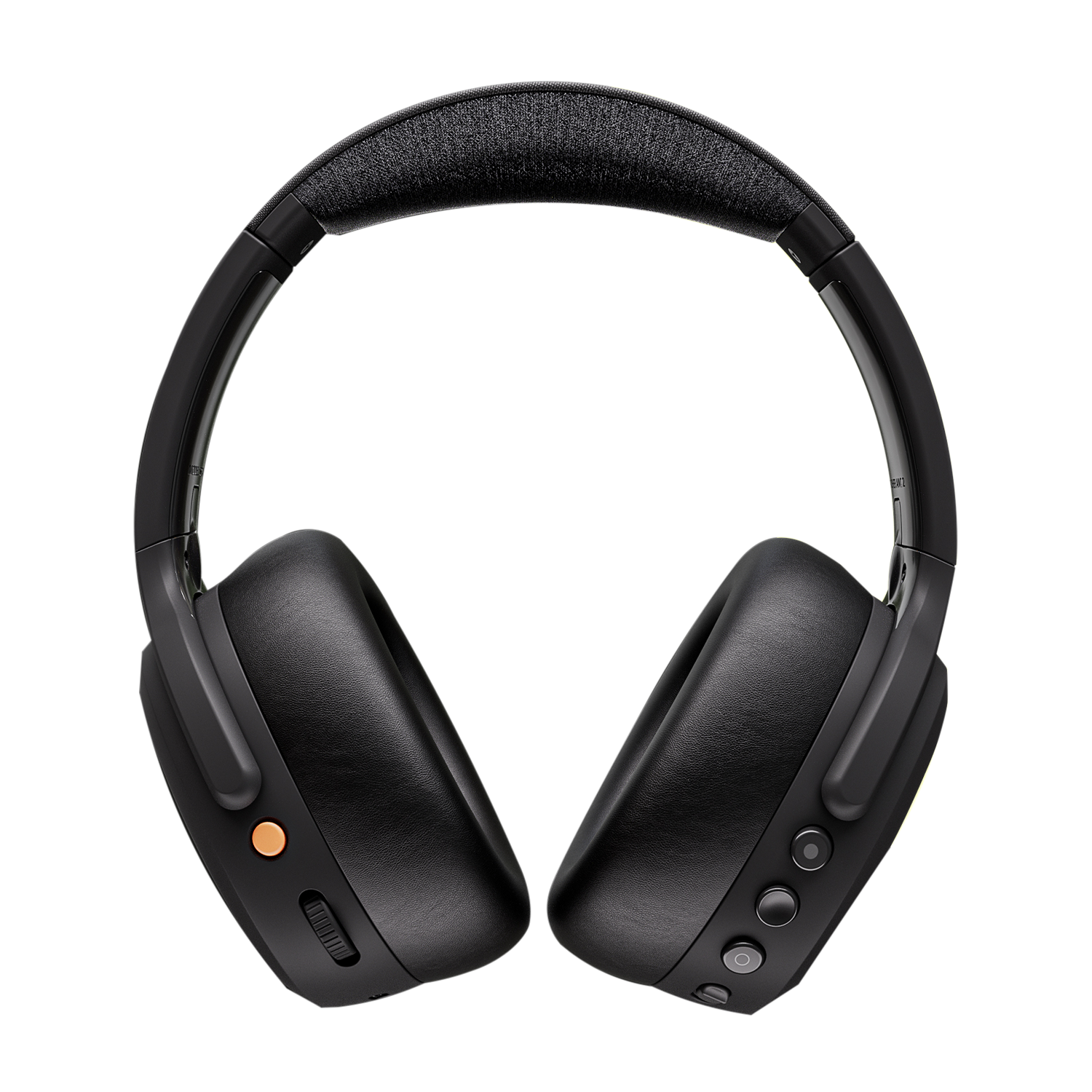 Black headphones with a headband and earcups are displayed. The headphones have buttons and a volume control.