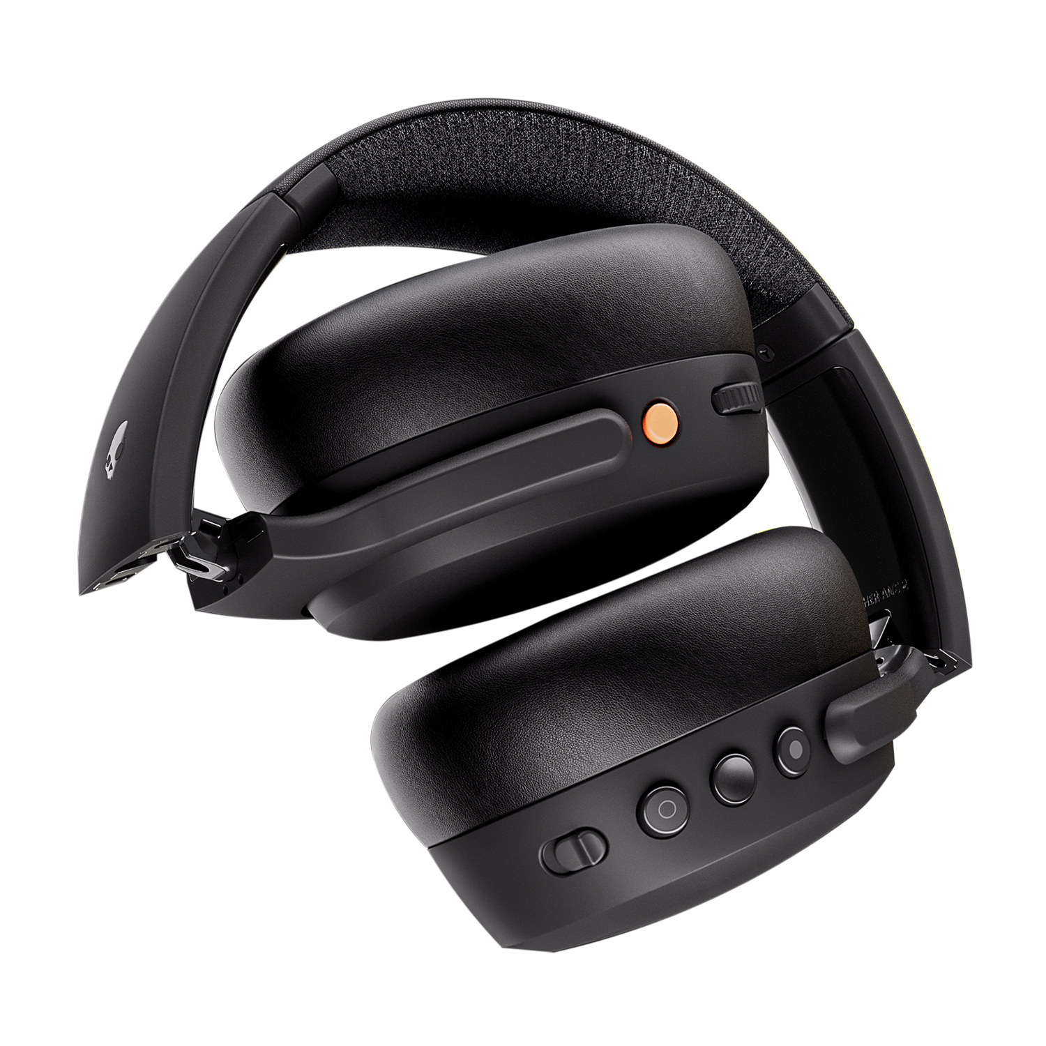 Black foldable headphones, with orange button and buttons on the earcups.