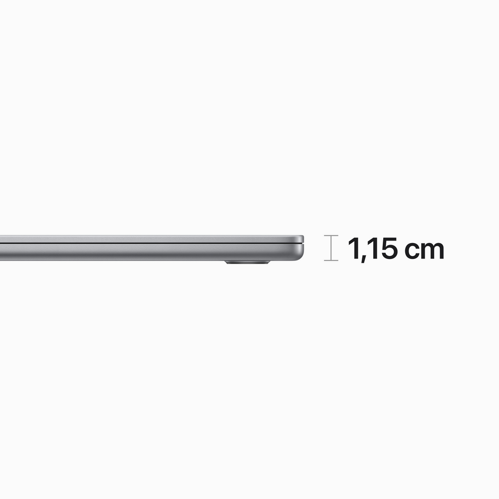 Perfil lateral de una laptop plateada cerrada, mostrando su delgadez. El grosor es de 1,15 cm.