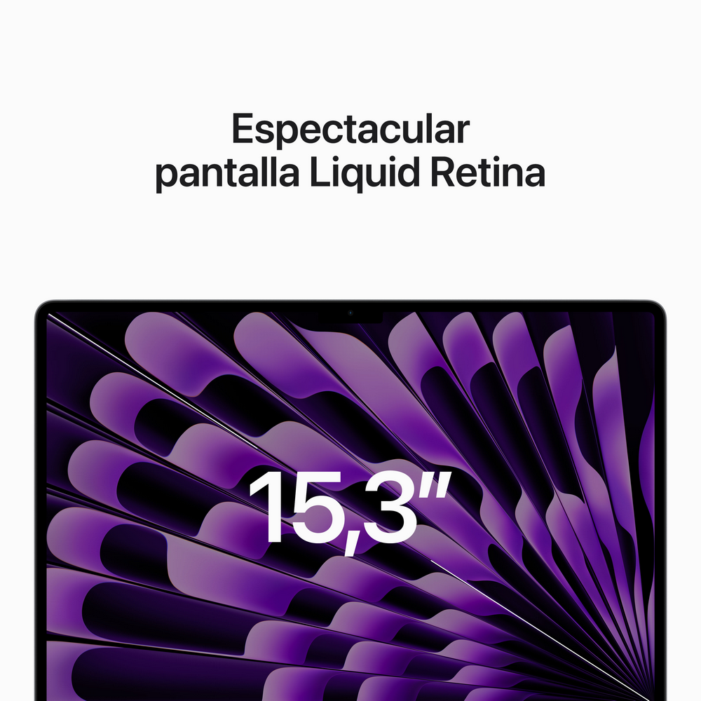 Primer plano de la pantalla de un MacBook. Texto '15,3"' en la pantalla. Gráfico púrpura en el fondo.