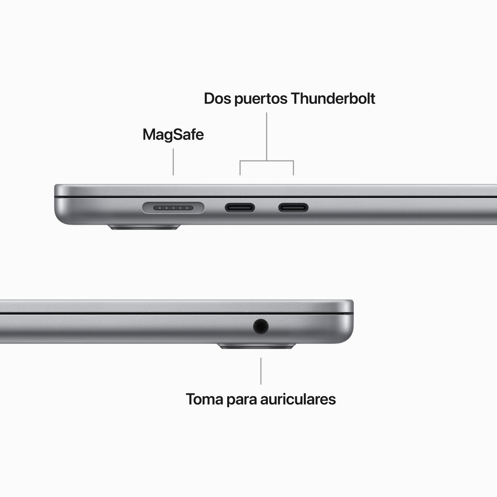 Vista lateral del portátil. Puerto MagSafe, dos Thunderbolt y una toma de auriculares son visibles.