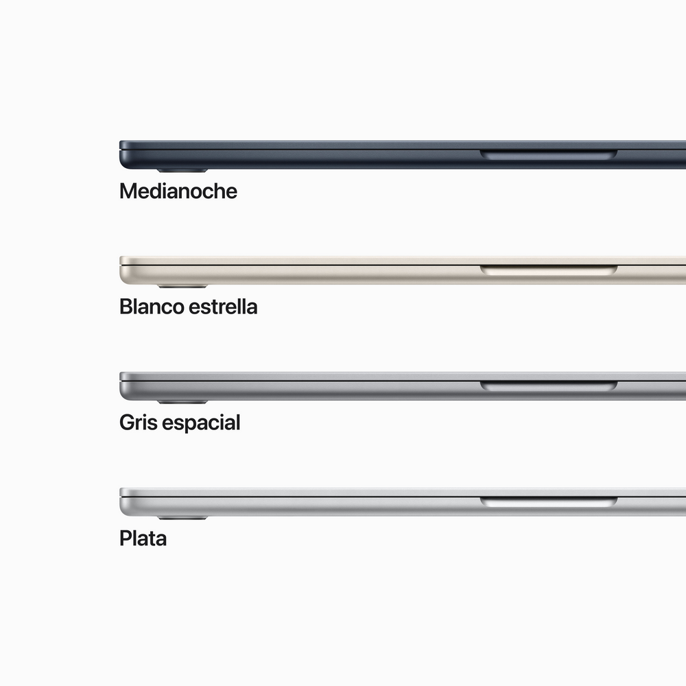 Cuatro portátiles en diferentes colores: Medianoche, Blanco estrella, Gris espacial y Plata, lado a lado.