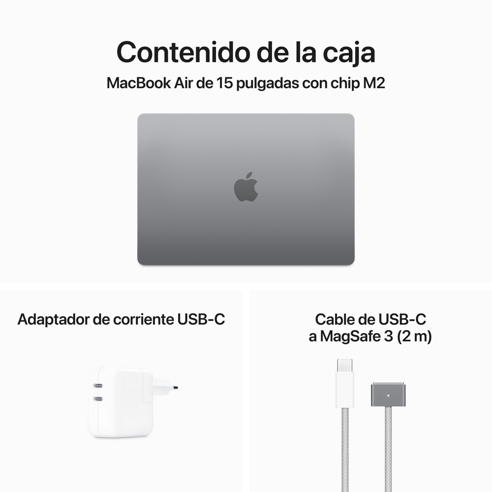 Contenido de la caja del MacBook Air: portátil, adaptador de corriente USB-C y cable USB-C a MagSafe 3.
