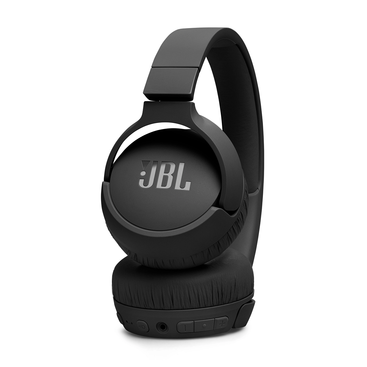 Schwarze JBL-Kopfhörer auf weißem Hintergrund. Das JBL-Logo ist mittig auf der Ohrmuschel angebracht.