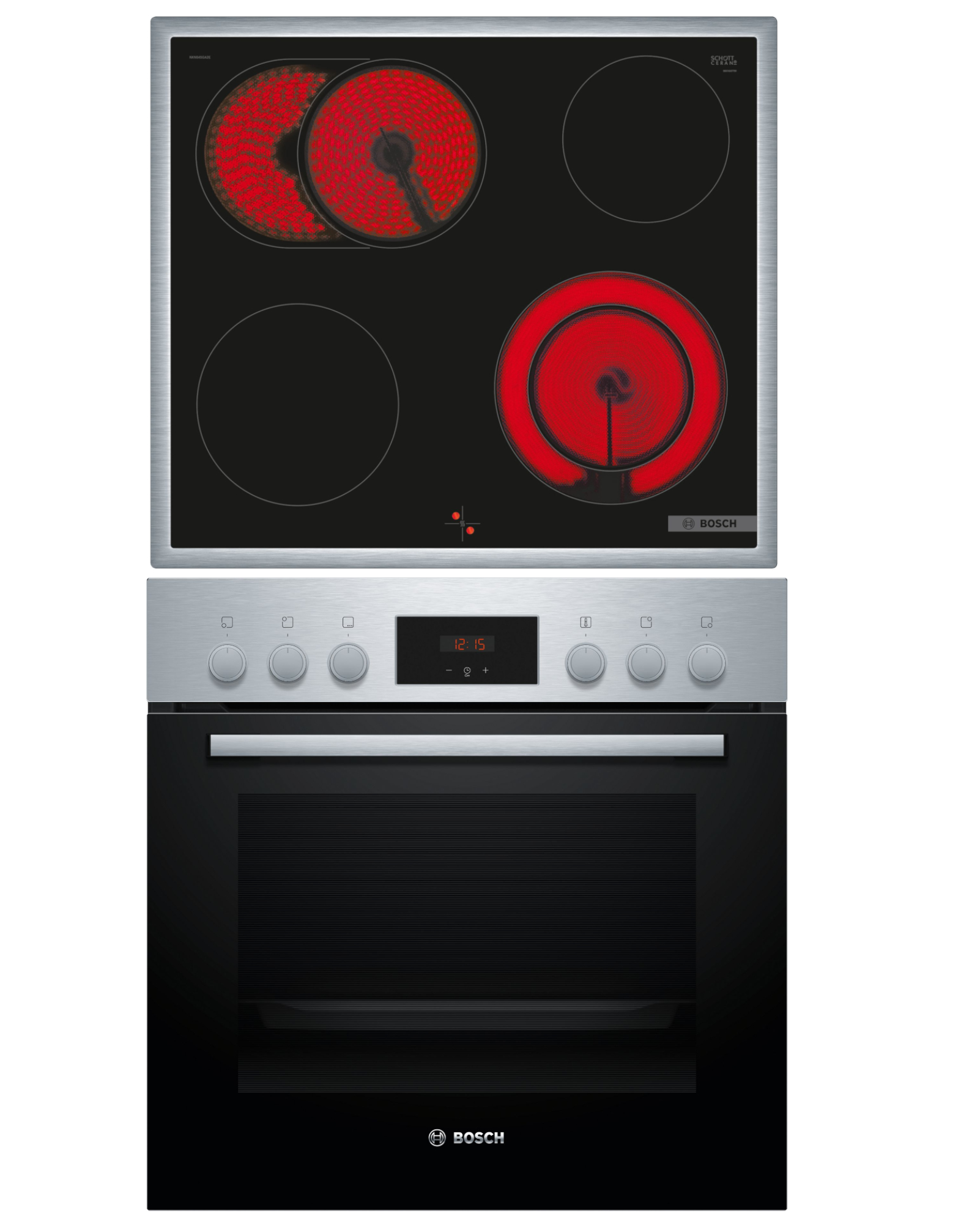 Edelstahlofen und Kochfeld. Kochfeld hat vier Ringe, zwei rot leuchtend. Backofentür ist schwarz.