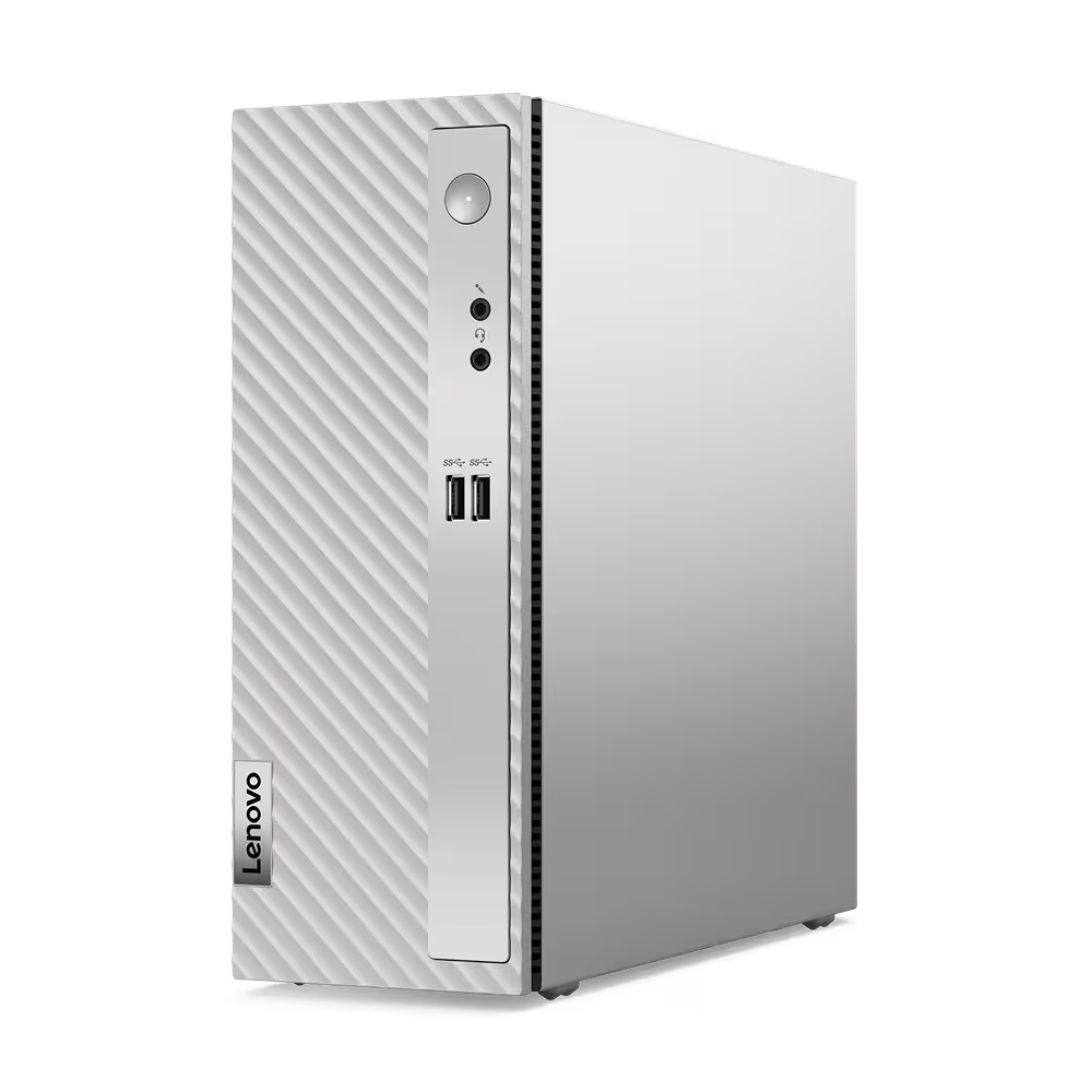 Ordenador de sobremesa Lenovo blanco. La parte frontal tiene un patrón texturizado y puertos. Diseño limpio.