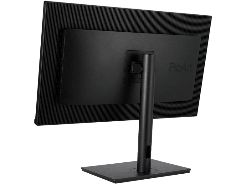 Parte trasera de monitor de computadora negro. Logotipo ProArt visible. Soporte adjunto.