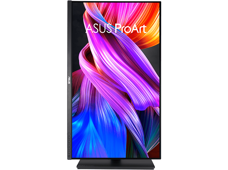 Monitor ASUS ProArt sobre fondo negro, arte abstracto colorido, base negra. Logotipo visible.