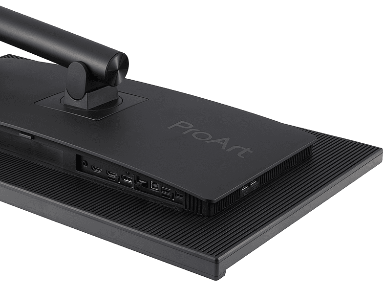 Monitor de computadora negro con puertos de conexión en la parte trasera.