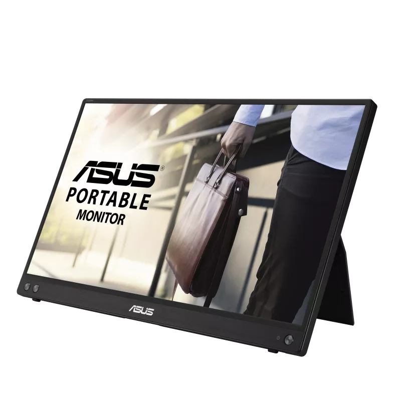Monitor portátil Asus. Pantalla negra con el logo de Asus. Una persona sostiene un maletín en el fondo.