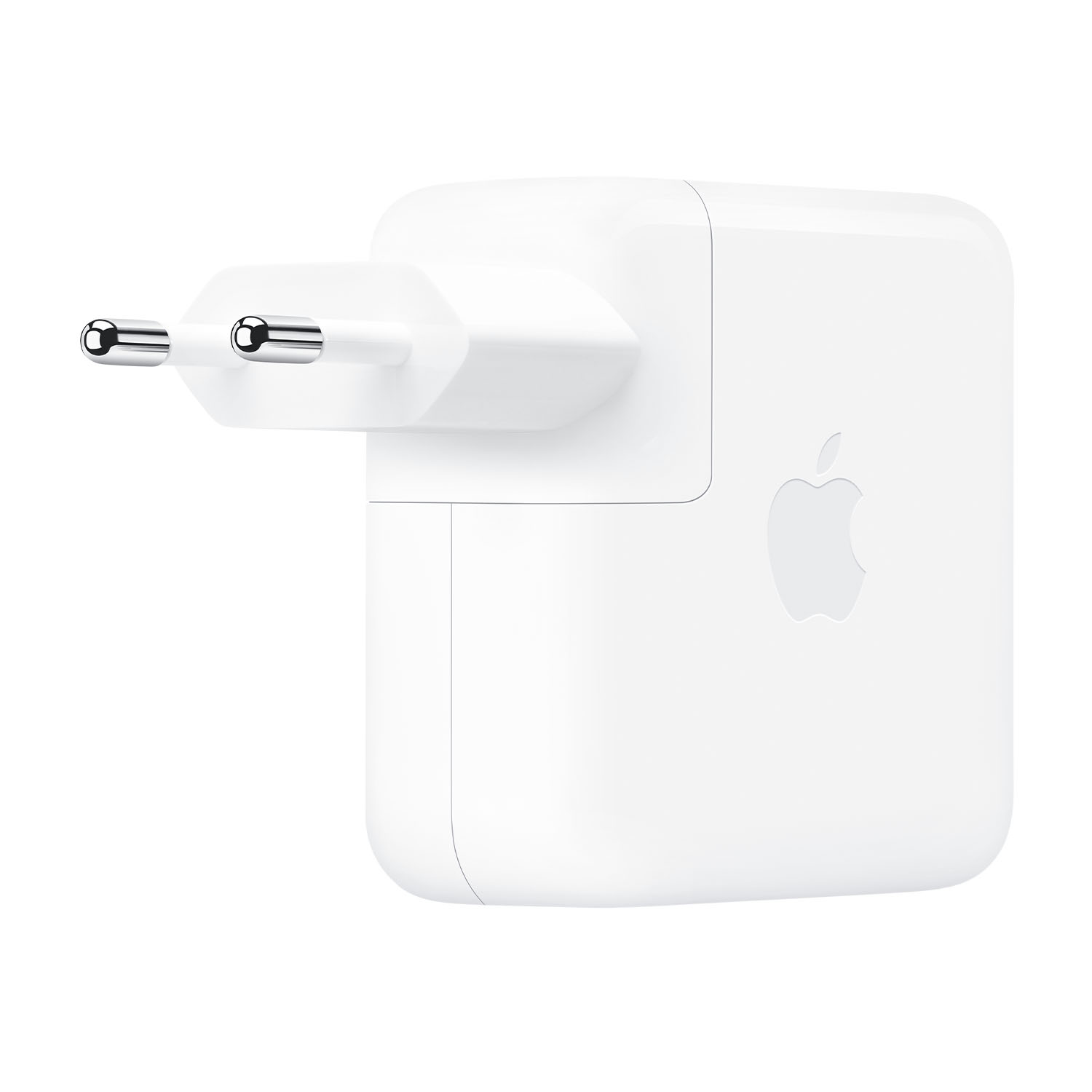 Caricatore bianco Apple, spina europea. Logo Apple visibile. Sfondo bianco.