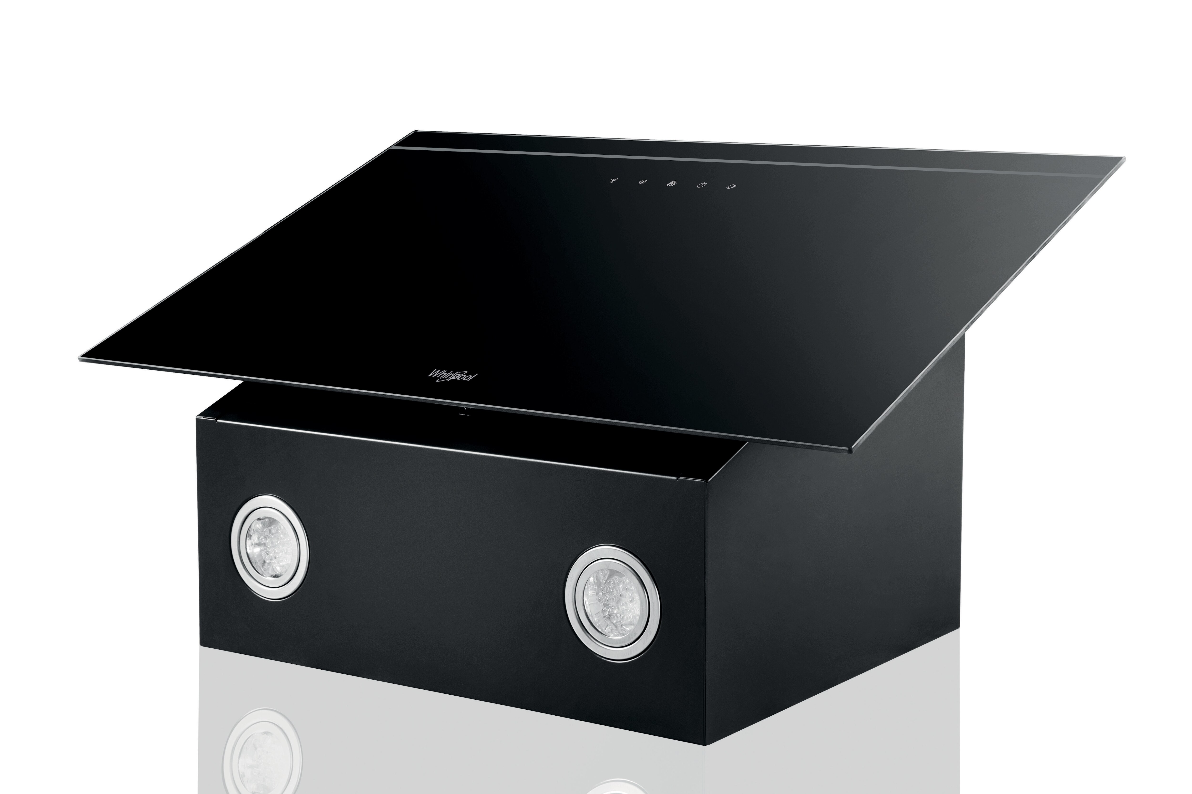 Czarny okap z dwoma światłami na białym tle.