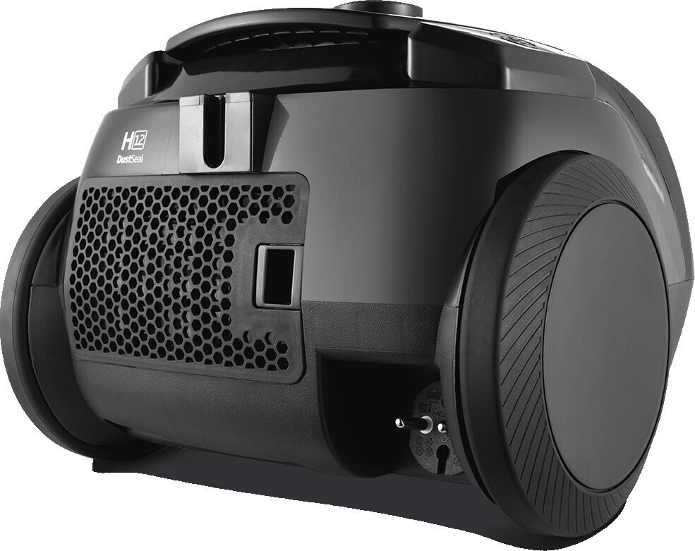 Czarny odkurzacz z okrągłym korpusem i dużymi kołami. Widok z bliska.