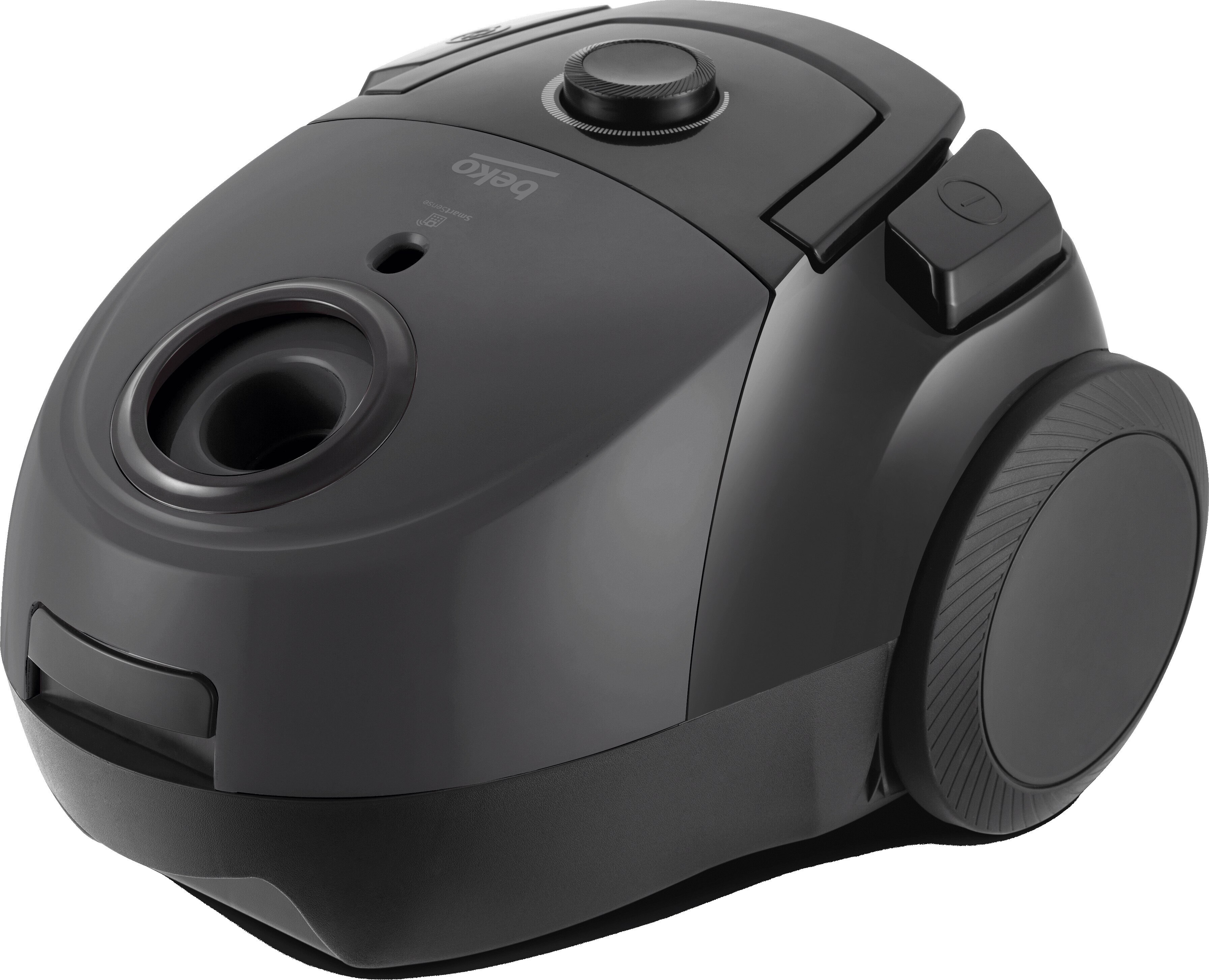 Czarny odkurzacz Beko. Zbliżenie. Białe tło.