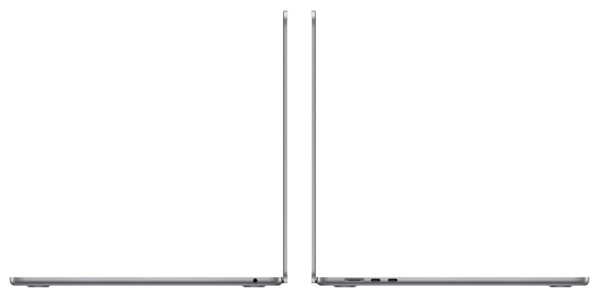 Dwa laptopy obok siebie, srebrny kolor, pokazujące swój profil. Białe tło.