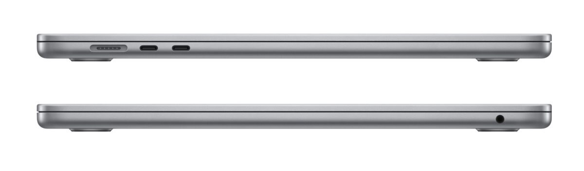 Dwa srebrne laptopy z boku, pokazujące profil i porty na białym tle.