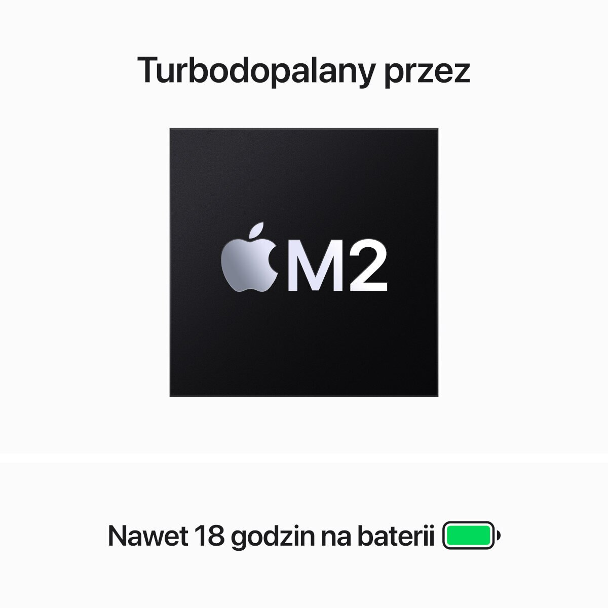 Logo układu Apple M2 na czarnym tle z tekstem o żywotności baterii.