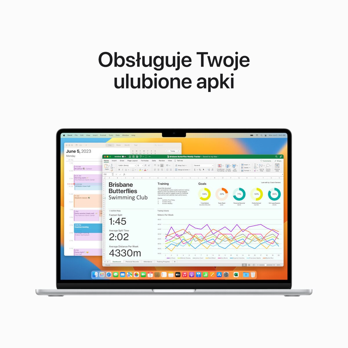 Laptop wyświetla kalendarz i wykresy danych. U góry napis: "Obsługuje Twoje ulubione apki".