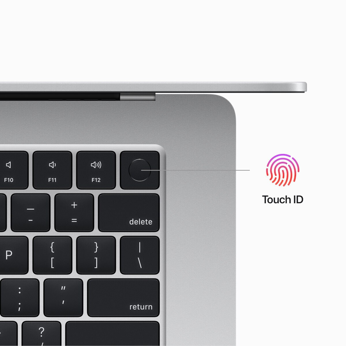 Zbliżenie klawiatury laptopa z Touch ID, pokazano symbol odcisku palca.