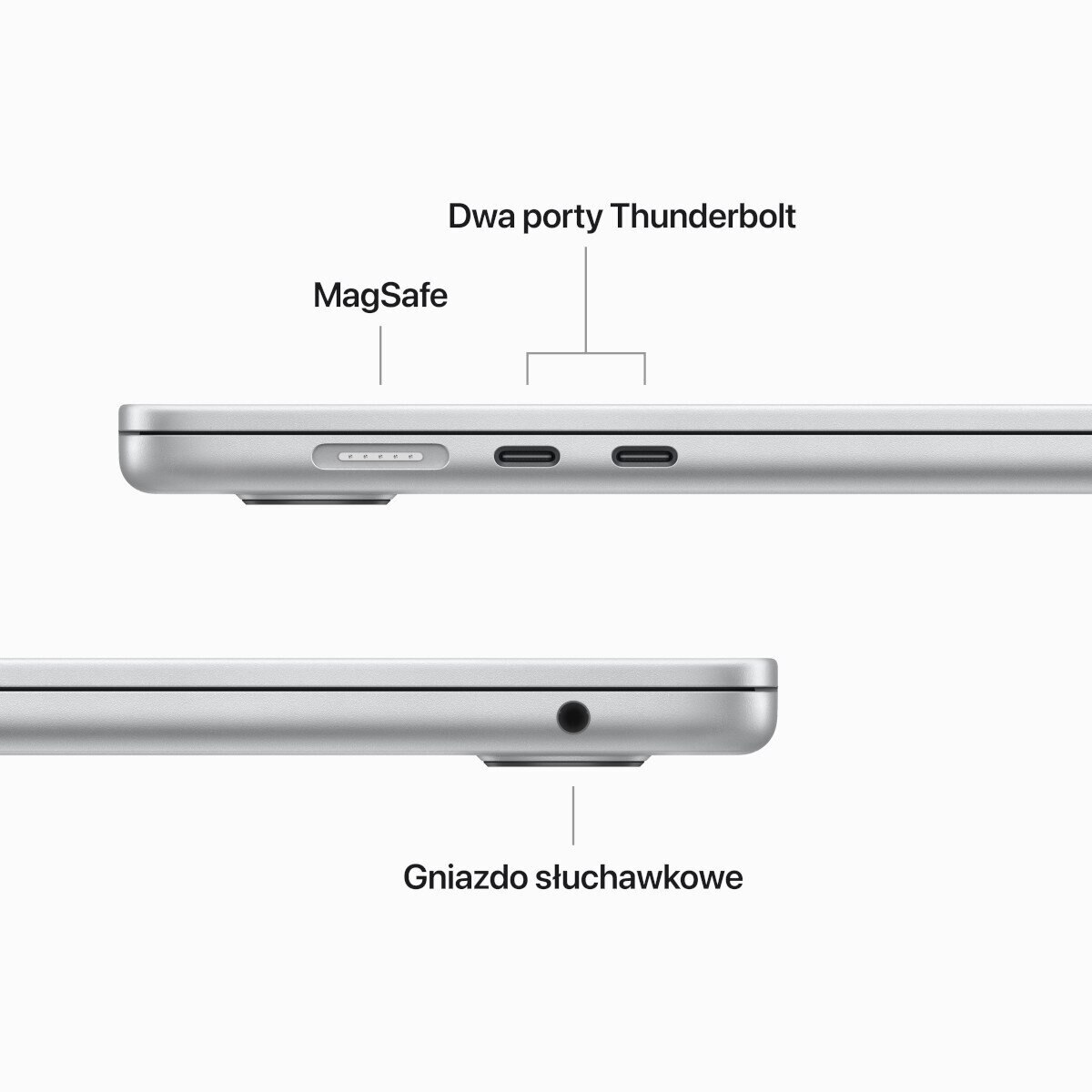 Widok z boku laptopa pokazujący porty, MagSafe i gniazdo słuchawkowe. Białe tło.