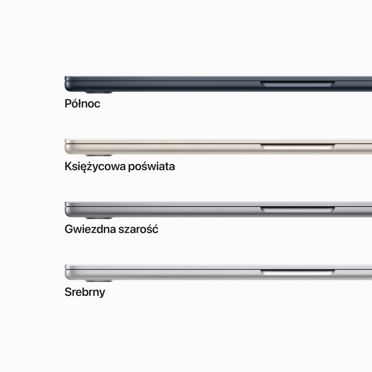 Cztery laptopy w różnych kolorach: Północ, Gwiezdna poświata, Gwiezdna szarość i Srebrny.