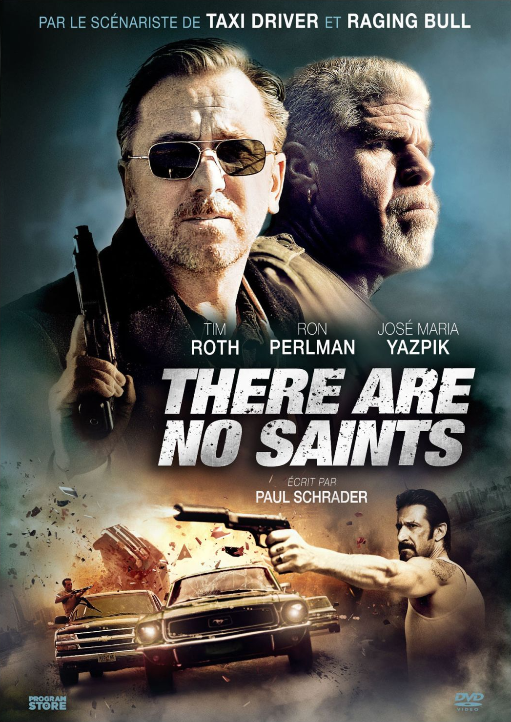Affiche du film There Are No Saints, avec Tim Roth et Ron Perlman. Fond sombre.