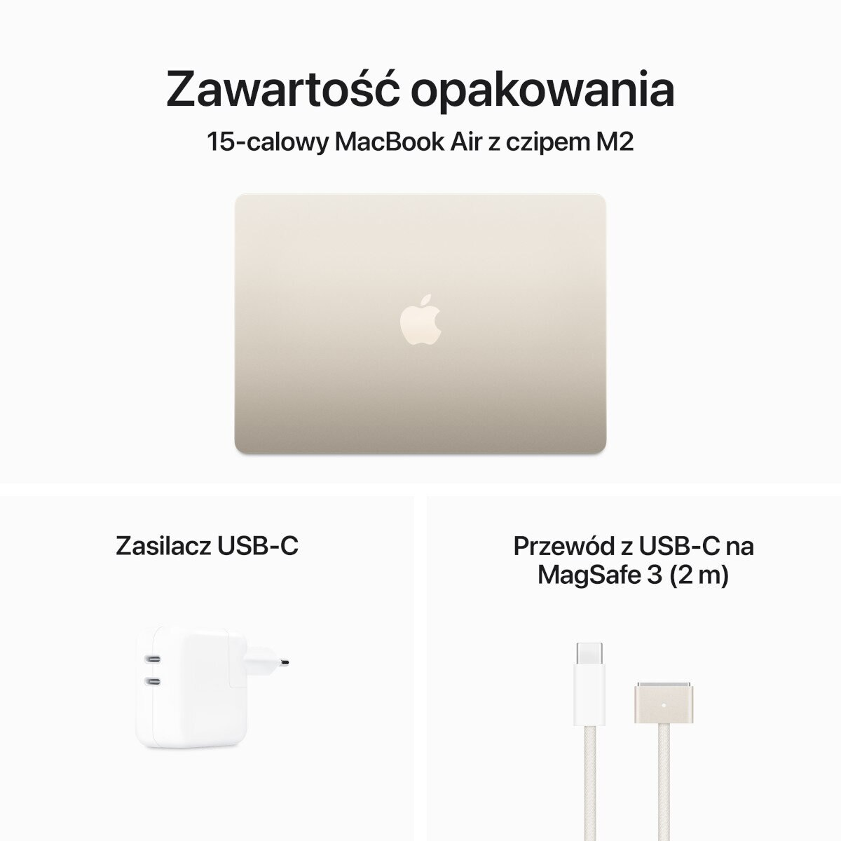 Zawartość pudełka Apple MacBook Air: laptop, ładowarka i kabel USB-C do MagSafe.