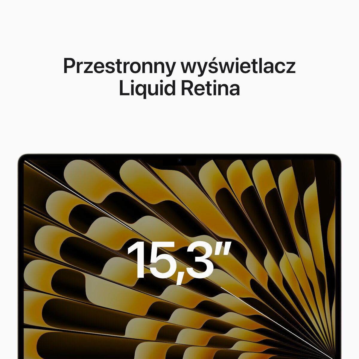 Zbliżenie ekranu laptopa ze złotym i czarnym wzorem. Tekst: 15,3".