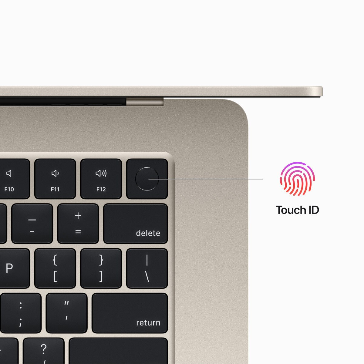 Zbliżenie klawiatury laptopa z Touch ID. Czujnik linii papilarnych podświetlony różowym okręgiem.