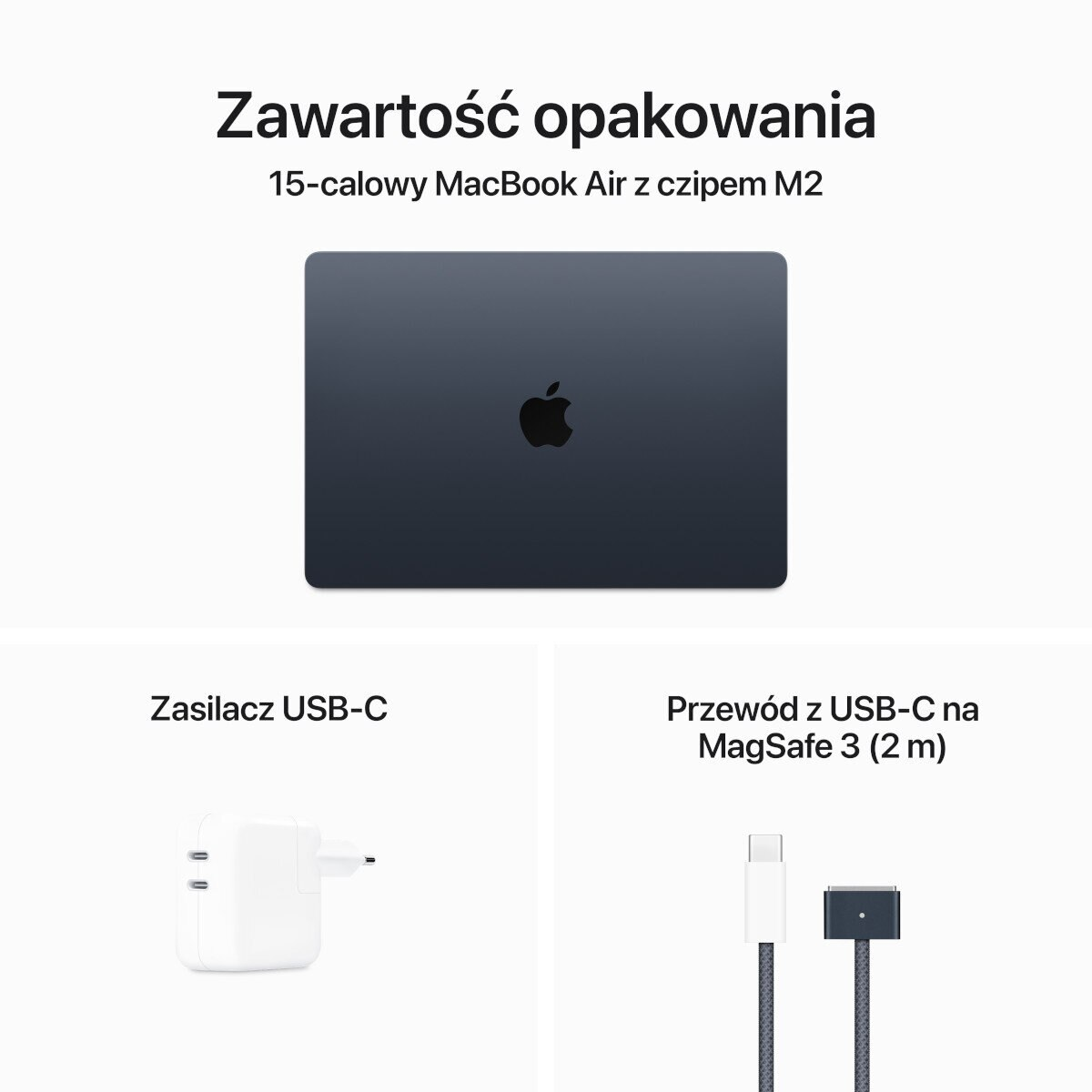 MacBook Air, zasilacz USB-C i kabel USB-C do MagSafe 3 na białym tle.