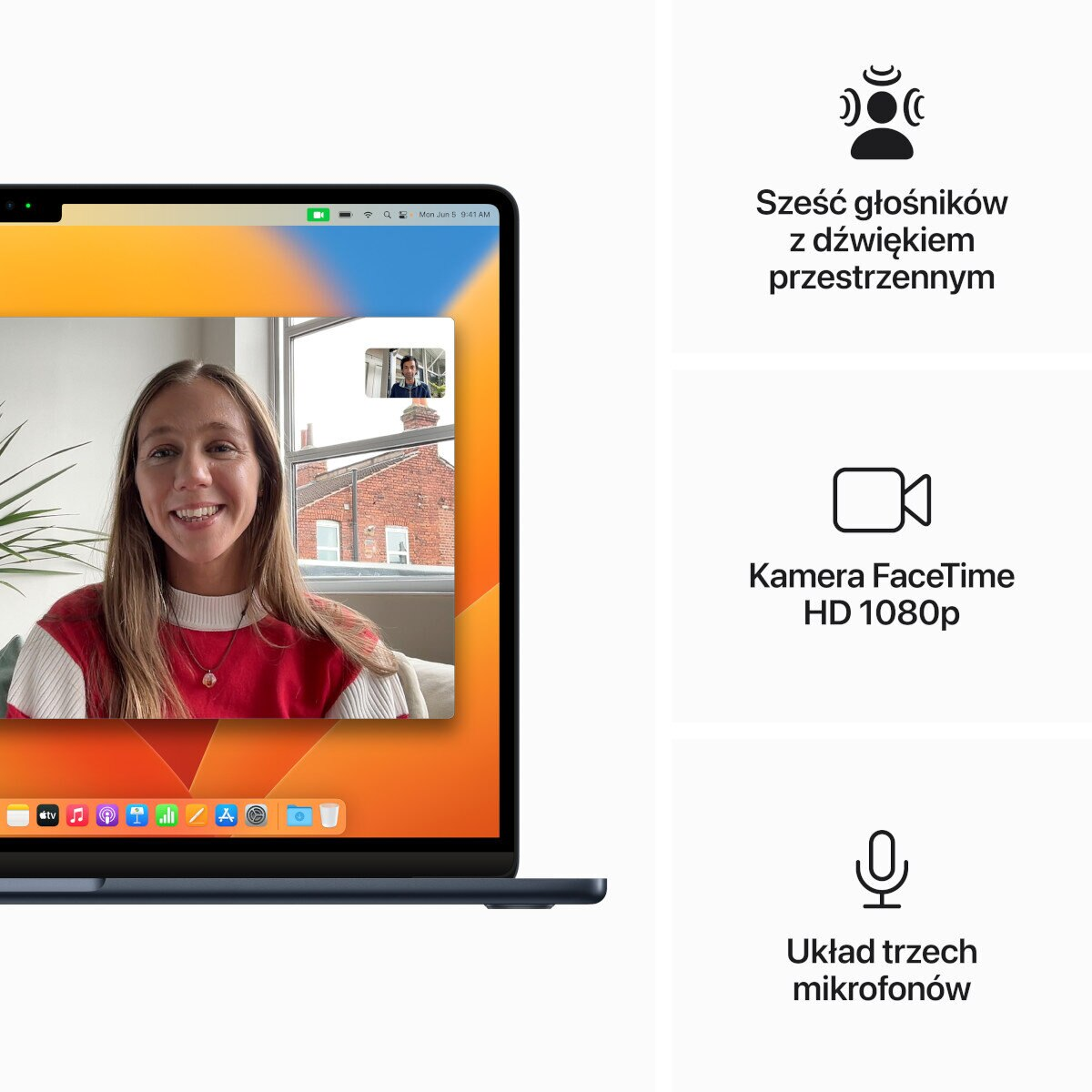 Ekran laptopa z rozmową wideo. Ikony funkcji po prawej stronie.