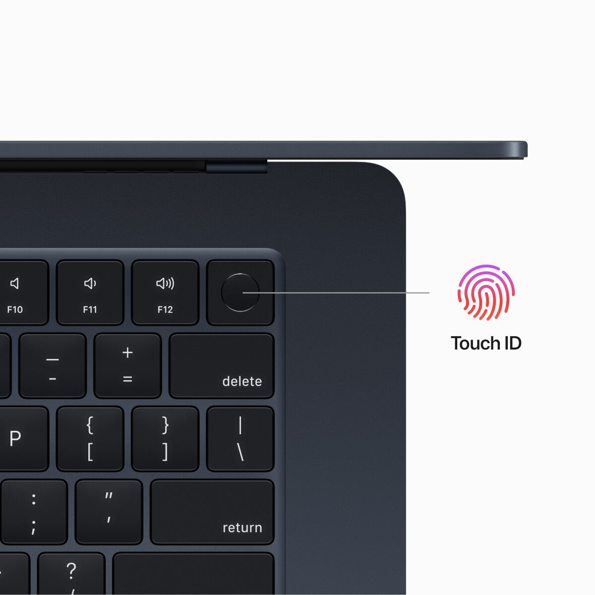 Zbliżenie ciemnej klawiatury laptopa z przyciskiem Touch ID.